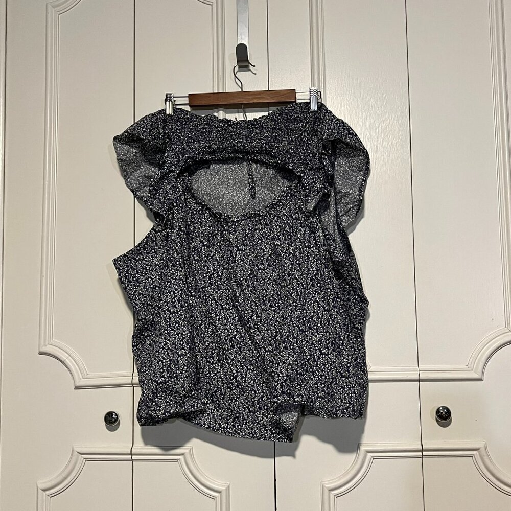 Navy Keyhole Blouse with White and Champaign Floral Detail